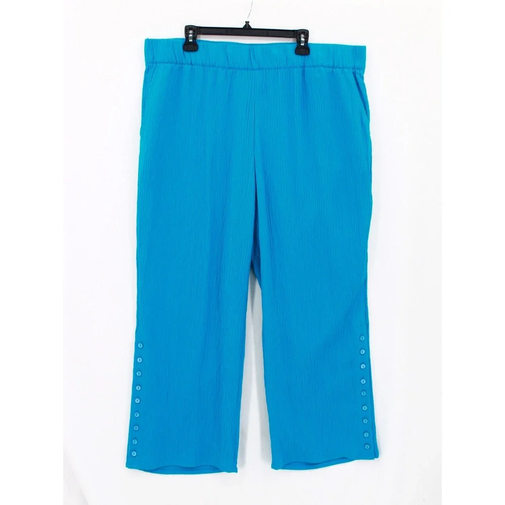 Soft Surroundings OCEO Crinkle Gauze Pants 2X Blue Wide Leg Elastic Waist NWOT